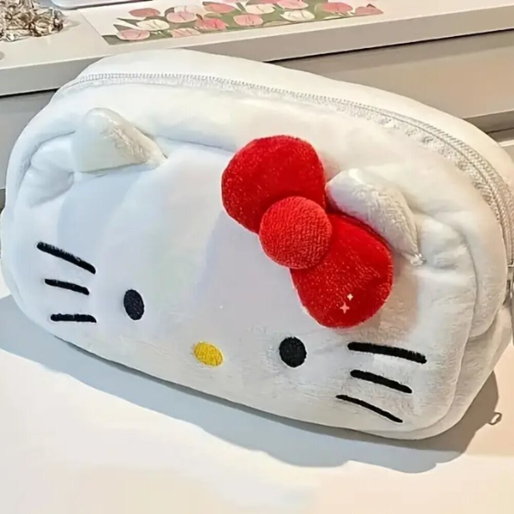 Hello Kitty Plush Makeup Cosmetic Bag White Sanrio NWT